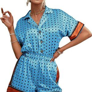 Blue Geometric Print Satin Set | Size Large | NWT